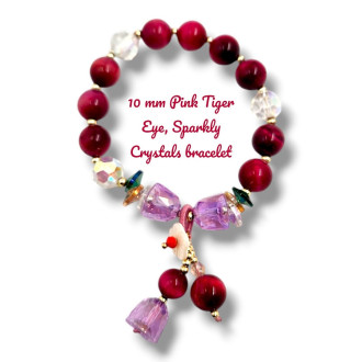 10 mm Pink Tiger Eye Sparkly Crystals bracelet