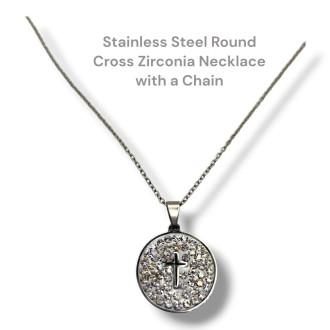 Silver Tone Stainless Steel Round Zirconia Cross Necklace