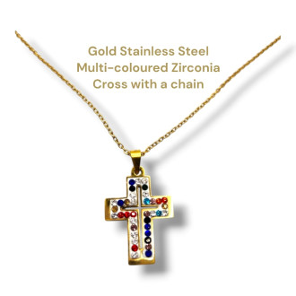 Gold Stainless Steel Multi-Coloured Zirconia Cross Necklace
