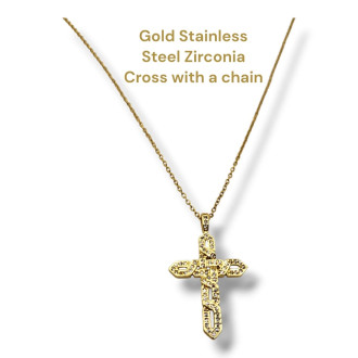 Gold Stainless Steel Cross with White Zirconia + Chain