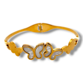 Gold Stainless Steel Mother of Pearl Butterfly Bangle Bracelet