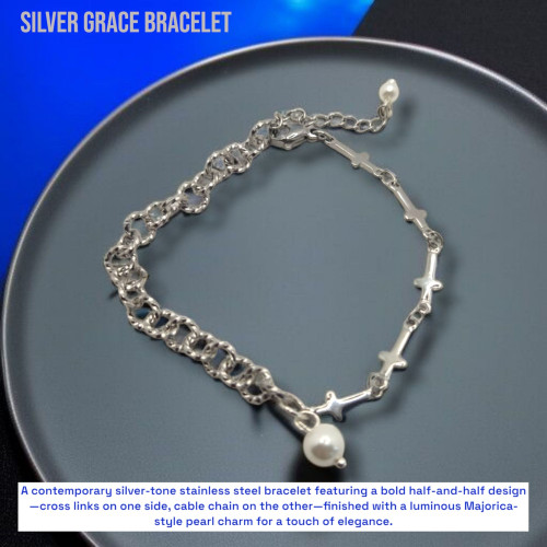 Half & Half Stainless Steel Bracelet with Majorica Style Pearl Charm