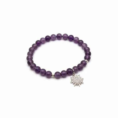 Radiant Hope Bracelet  - 6 mm Amethyst bracelet with Stainless Steel Sun charm 
