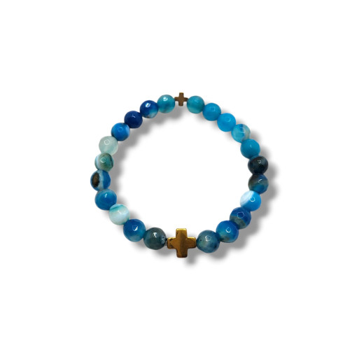 Double Grace Bracelet - 8 mm Faceted Blue Lace Agate with 2 Crosses 