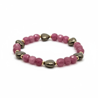 Heart of Courage Bracelet - 8 mm Faceted Pink Tourmaline and heart-shaped Pyrite 