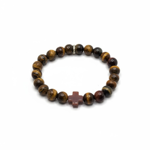Fire of Faith Bracelet - 10 mm Tiger Eye with Red Agate Cross Fire of Faith Bracelet - 10 mm Tiger Eye with Red Agate Cross