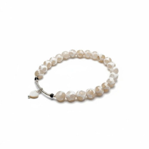 Pure Harmony Bracelet - 8 mm White Spotted Agate with Mother of Pearl heart charm Pure Harmony Bracelet - 8 mm White Spotted Agate with Mother of Pearl heart charm