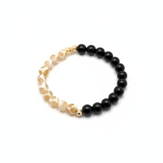 Grace in Balance Bracelet - 8 mm Faceted Beige and White Spotted Agate and 8 mm Black Obsidian Grace in Balance Bracelet - 8 mm Faceted Beige and White Spotted Agate and 8 mm Black Obsidian