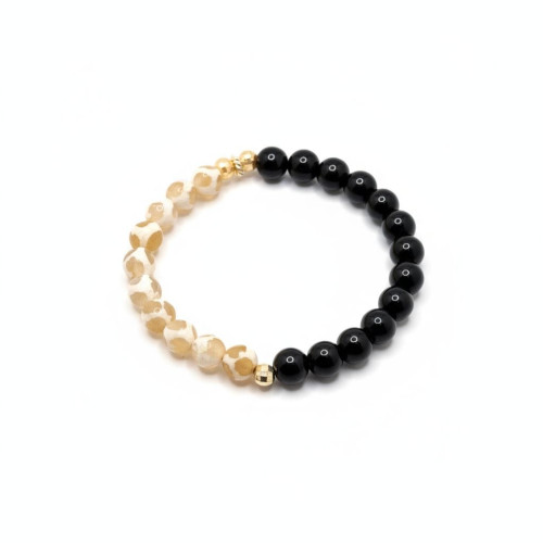 Grace in Balance Bracelet - 8 mm Faceted Beige and White Spotted Agate and 8 mm Black Obsidian Grace in Balance Bracelet - 8 mm Faceted Beige and White Spotted Agate and 8 mm Black Obsidian