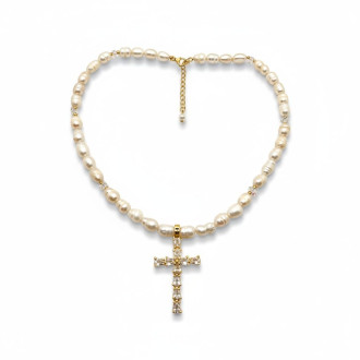 Divine Light Pearl Necklace - 7mm~8mm Freshwater Pearls with Cross Charm Divine Light Pearl Necklace - 7mm~8mm Freshwater Pearls with Cross Charm
