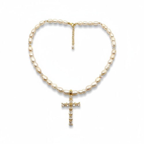 Divine Light Pearl Necklace - 7mm~8mm Freshwater Pearls with Cross Charm Divine Light Pearl Necklace - 7mm~8mm Freshwater Pearls with Cross Charm
