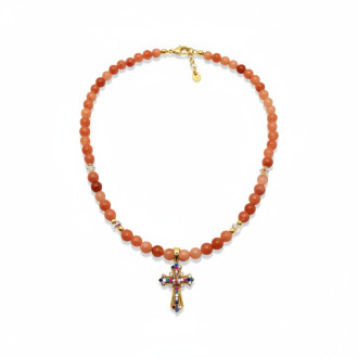 Radiant Grace Necklace - 6 mm Sunstone with Multi-coloured Zirconia Cross Charm Radiant Grace Necklace - 6 mm Sunstone with Multi-coloured Zirconia Cross Charm