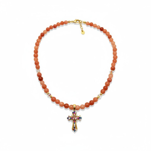 Radiant Grace Necklace - 6 mm Sunstone with Multi-coloured Zirconia Cross Charm Radiant Grace Necklace - 6 mm Sunstone with Multi-coloured Zirconia Cross Charm
