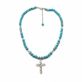 Waves of Faith Necklace - 8 mm Turquoise necklace with Stainless Steel Cross charm. Waves of Faith Necklace - 8 mm Turquoise necklace with Stainless Steel Cross charm.