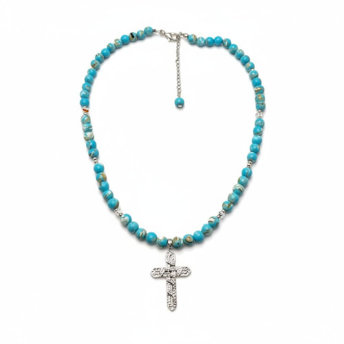Waves of Faith Necklace - 8 mm Turquoise necklace with Stainless Steel Cross charm. Waves of Faith Necklace - 8 mm Turquoise necklace with Stainless Steel Cross charm.