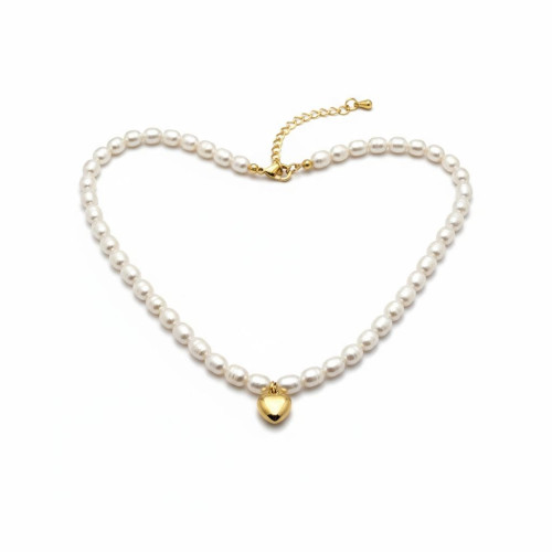 Heavenly Heart Pearl Necklace - 5 ~6 mm Freshwater Pearls with Gold Stainless Steel Heart Charm Heavenly Heart Pearl Necklace - 5 ~6 mm Freshwater Pearls with Gold Stainless Steel Heart Charm