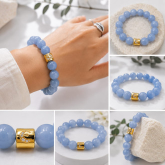 Aquamarine Moon Bracelet,10 mm Natural Stone Beads, Gold Stainless Steel Charm Aquamarine Moon Bracelet,10 mm Natural Stone Beads, Gold Stainless Steel Charm