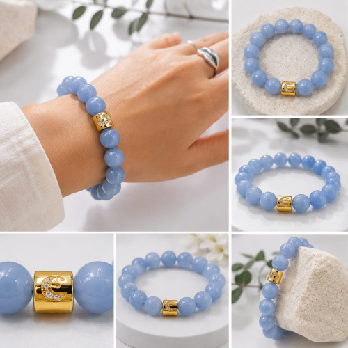 Aquamarine Moon Bracelet,10 mm Natural Stone Beads, Gold Stainless Steel Charm Aquamarine Moon Bracelet,10 mm Natural Stone Beads, Gold Stainless Steel Charm