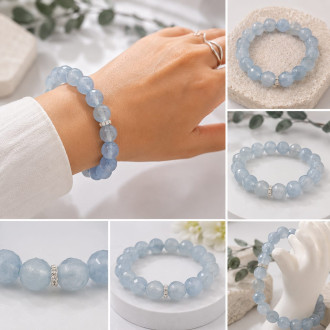 Faceted Aquamarine Bracelet, 10 mm beads, Silver-Tone Stainless Steel Spacer Faceted Aquamarine Bracelet, 10 mm beads, Silver-Tone Stainless Steel Spacer