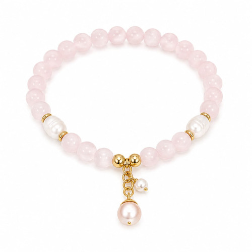 Rose Quartz beads 6 mm Bracelet with Freshwater Pearl Charm