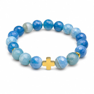 10 mm Faceted Blue Lace Agate Bracelet with Gold Stainless Steel Cross