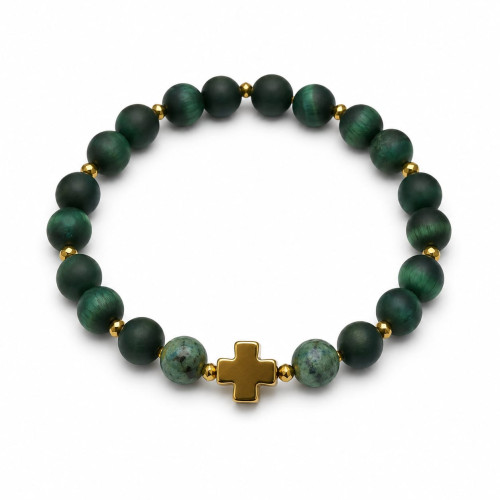 8 mm Matte Green Tiger's Eye Bracelet with Azure Malachite & Gold Stainless Steel Cross
