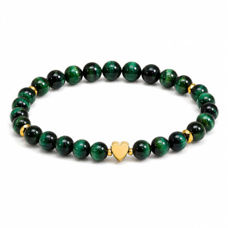 6 mm Green Tiger's Eye Bracelet with Gold Heart 6 mm Green Tiger's Eye Bracelet with Gold Heart