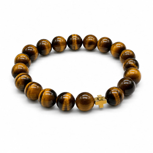 10 mm Tiger's Eye Bracelet with Gold Stainless Steel Cross Bead 10 mm Tiger's Eye Bracelet with Gold Stainless Steel Cross Bead