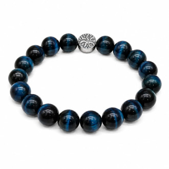 10 mm Blue Tiger's Eye Bracelet with Stainless Steel Tree of Life Charm
