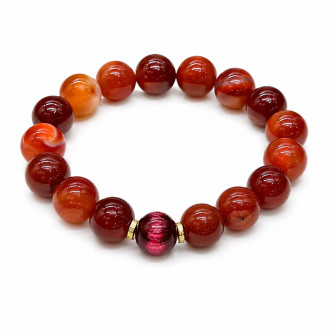 12 mm Carnelian Bracelet with Pink Cat Eye Accent Bead