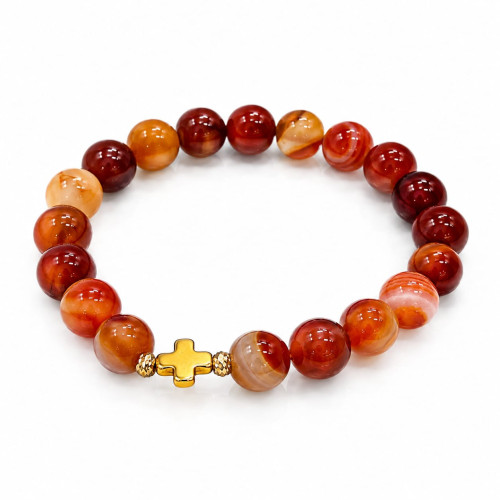 10 mm Carnelian Bracelet with Gold Stainless Steel Cross Charm