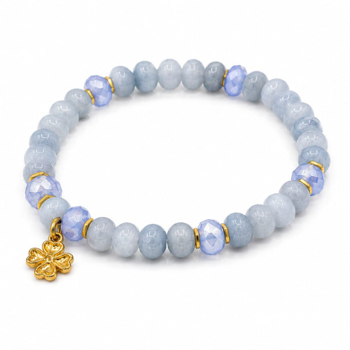 8 mm Jade Bracelet with Czech Crystals & Gold Stainless Steel Flower Charm 8 mm Jade Bracelet with Czech Crystals & Gold Stainless Steel Flower Charm