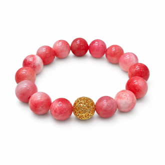 12 mm Strawberry Quartz Bracelet with Gold Stainless Steel Round Charm 12 mm Strawberry Quartz Bracelet with Gold Stainless Steel Round Charm