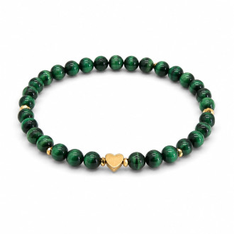 6 mm Green Tiger's Eye Bracelet with Gold Heart Accent 6 mm Green Tiger's Eye Bracelet with Gold Heart Accent