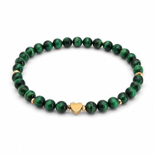 6 mm Green Tiger's Eye Bracelet with Gold Heart Accent