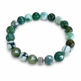 10 mm Faceted Green Spotted Agate Bracelet with Silver Stainless Steel Charm Bead 10 mm Faceted Green Spotted Agate Bracelet with Silver Stainless Steel Charm Bead