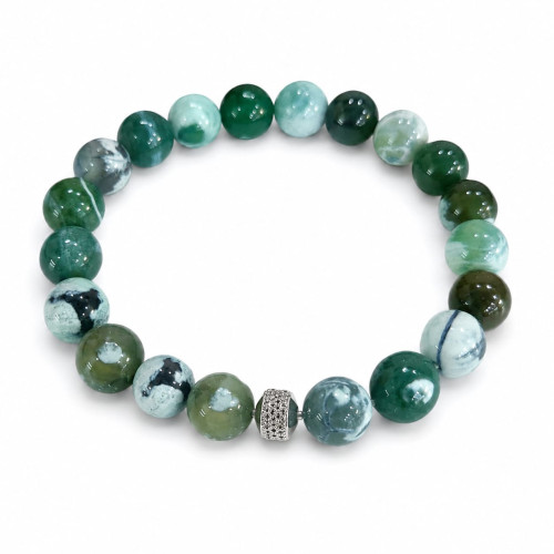 10 mm Faceted Green Spotted Agate Bracelet with Silver Stainless Steel Charm Bead