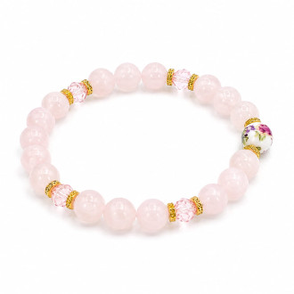 8 mm Rose Quartz Bracelet with Czech Crystals & Porcelain Accent Bead 8 mm Rose Quartz Bracelet with Czech Crystals & Porcelain Accent Bead