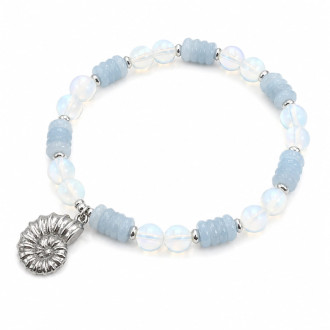 8 mm Opalite and Aquamarine Bracelet with Stainless Steel Shell Charm 8 mm Opalite and Aquamarine Bracelet with Stainless Steel Shell Charm