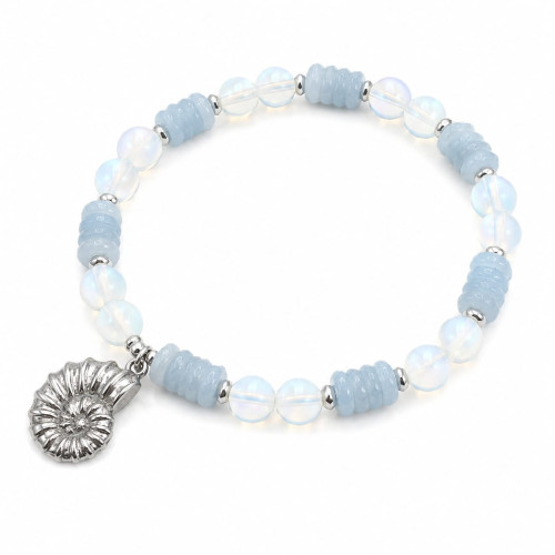 8 mm Opalite and Aquamarine Bracelet with Stainless Steel Shell Charm 8 mm Opalite and Aquamarine Bracelet with Stainless Steel Shell Charm