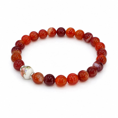 8 mm Carnelian Bracelet with Hand-Painted Porcelain Bead 8 mm Carnelian Bracelet with Hand-Painted Porcelain Bead