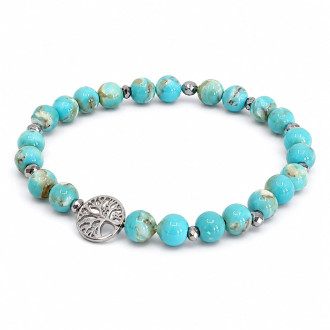6 mm Turquoise Bracelet with Silver-Tone Accents and Stainless Steel Tree of Life Charm