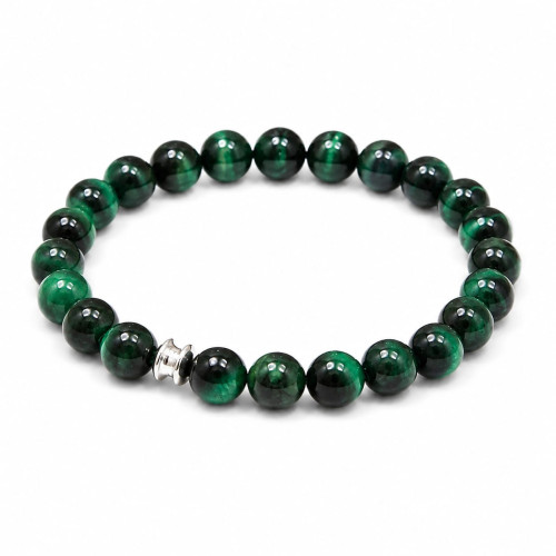 8 mm Green Tiger's Eye Bracelet with Silver-Tone Stainless Steel Spacer