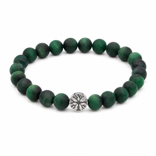 8 mm Matte Green Tiger's Eye Bracelet with Silver-Tone Stainless Steel Tree of Life Charm
