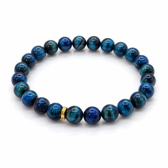 8 mm Blue Tiger's Eye Bracelet with Gold Stainless Steel Spacer