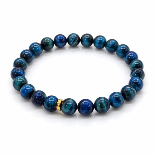 8 mm Blue Tiger's Eye Bracelet with Gold Stainless Steel Spacer