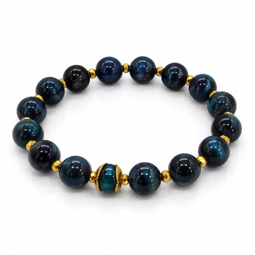 10 mm Blue Tiger's Eye Bracelet with Gold-Tone Accents 10 mm Blue Tiger's Eye Bracelet with Gold-Tone Accents