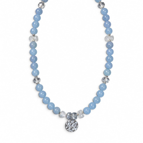 Aquamarine Necklace with Cat’s Eye Bows and Czech Crystals - 16 Inches