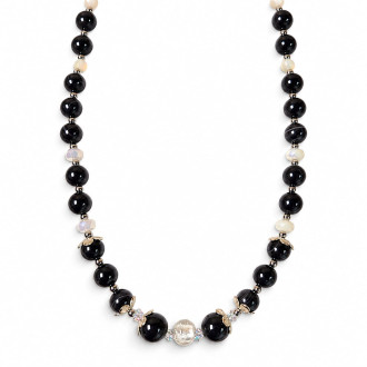 10 mm Black Lace Agate Necklace with Opalite, Murano and Czech Crystals - 22 inch