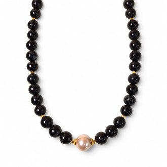 10 mm Black Lace Agate with Majorica Pearl Necklace - 20 inch